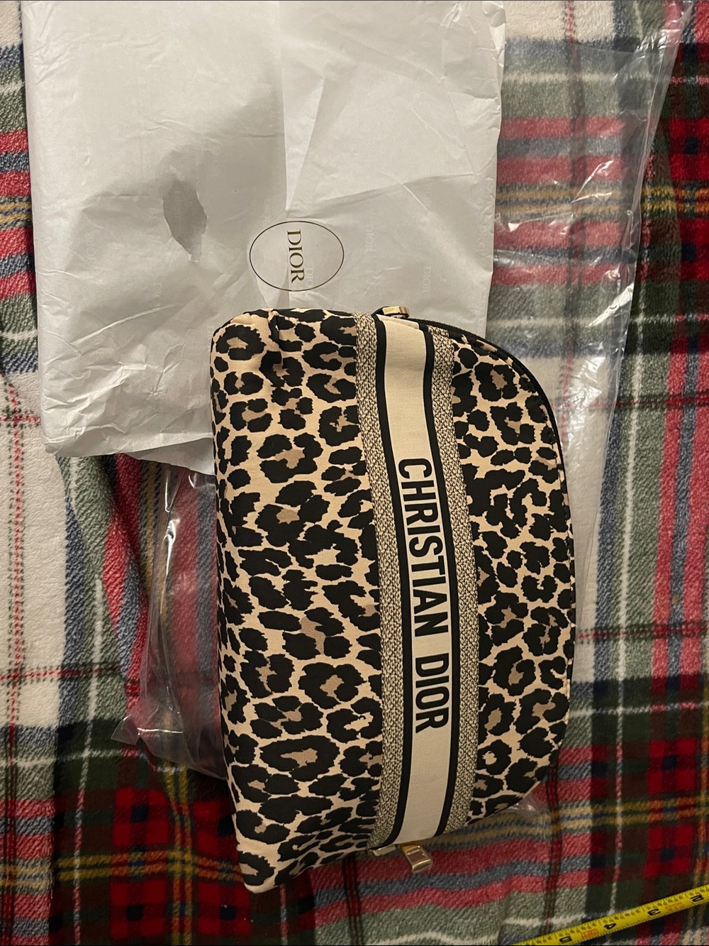 Christian Dior Leopard Print Cosmetic Pouch - Beige & Black BOX INCLUDED